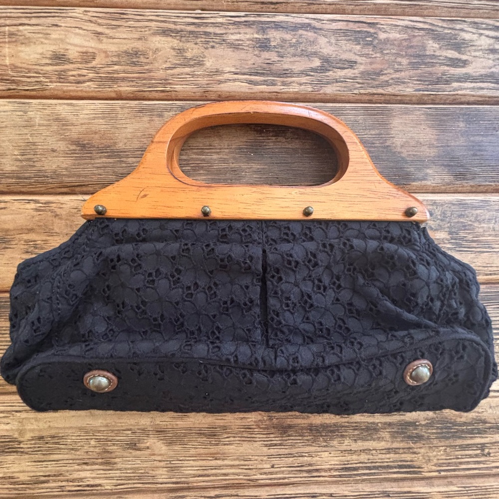 J. Crew Black Lace Clutch with Wooden Handle